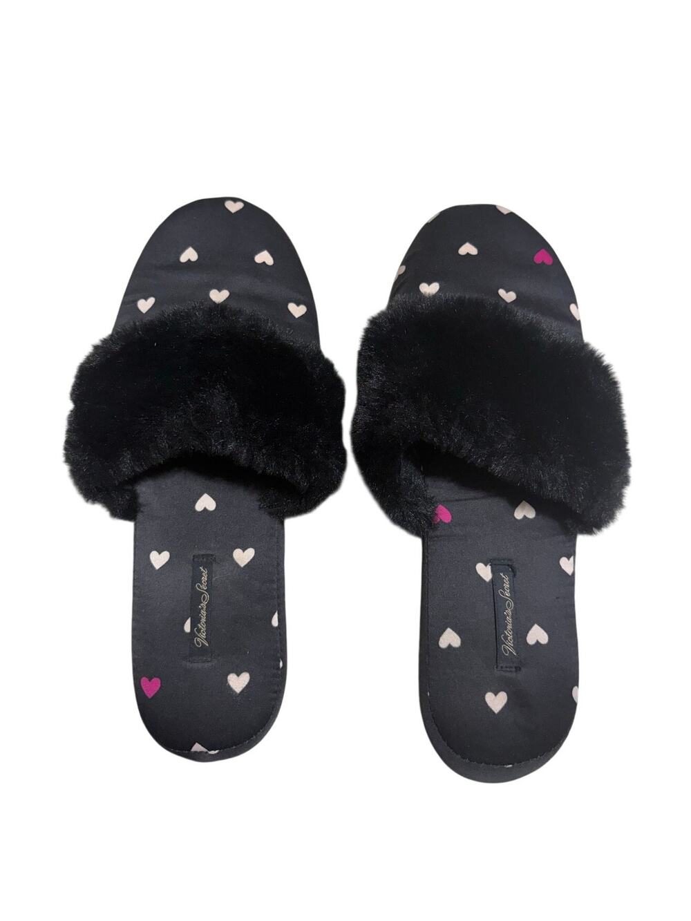 Victoria's Secret Satin Slippers House Shoes Hearts Fuzzy Black Size Large
